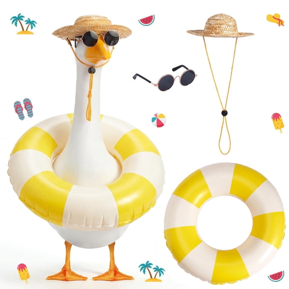 Outdoor Holiday Decor Supply, Hello Summer Party Decorations, Pool Float, Beach Decorations for Party, 23 Inch Porch Goose 3-Piece Accessory Kit with Woven Straw Hat, Retro Round