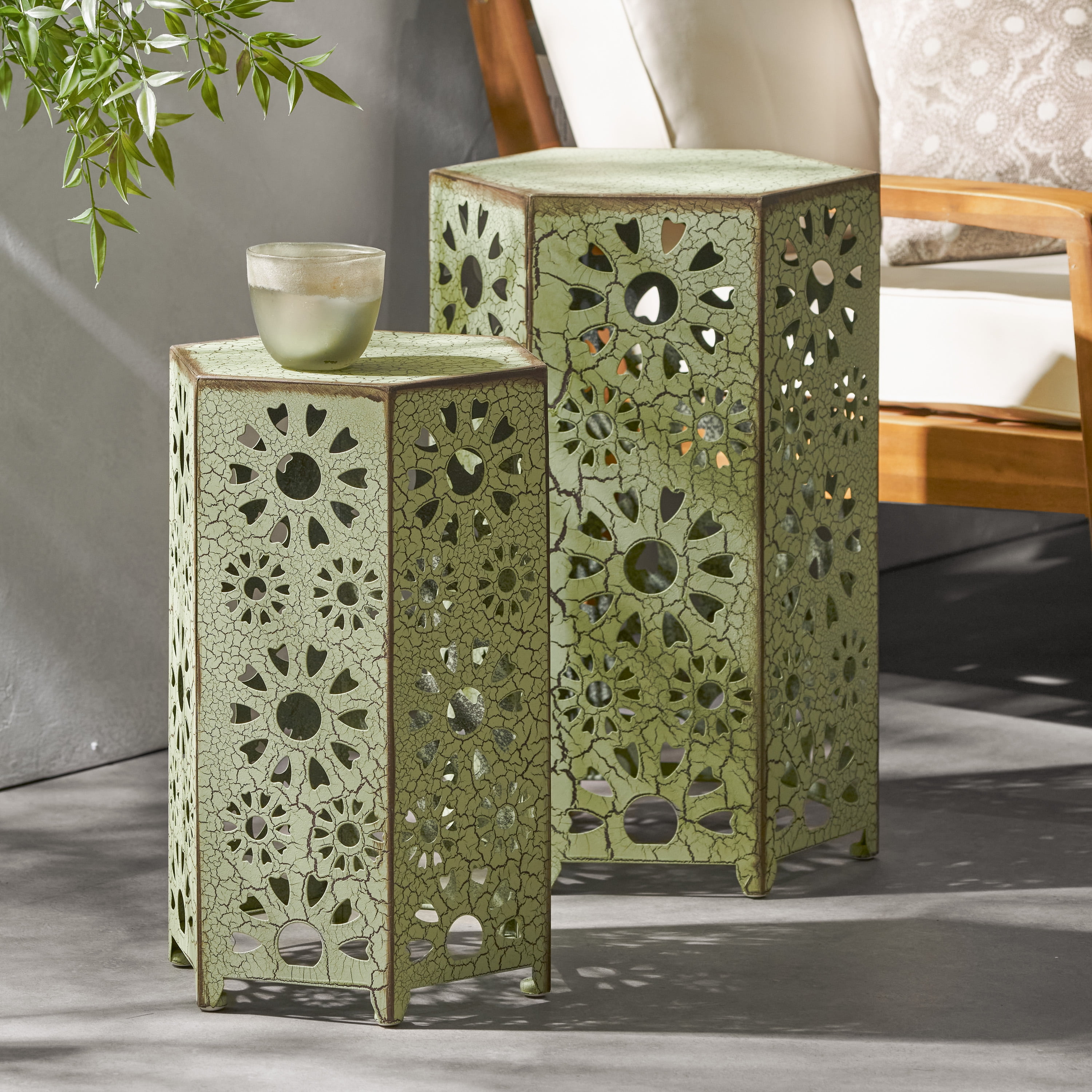 Outdoor Hollow Out Side Table Set of 2, Iron Craft Accent Tables for Patio Garden, Crackle Green
