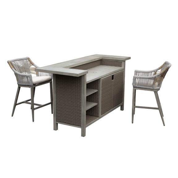 Outdoor Home Bar Unit Set of 3, All-Weather Wicker & Aluminum Frame Farmhouse Bar Table with 2 Counter Height Stools with Shelves and Cabinet, for Patio, Kitchen Island, Indoor Outdoor Use