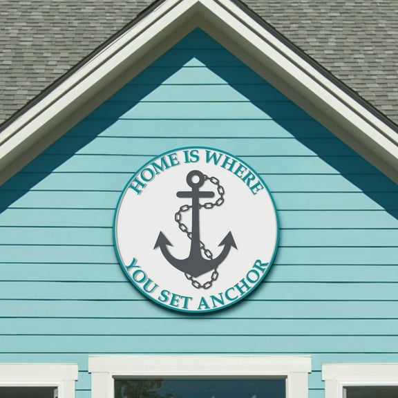 Outdoor Home Is Where You Set Anchor Beach Wall Decor – 36" Round Anchor Sign with Embossed Text and Nautical Design – PVC Coastal Wall Art for Beach House