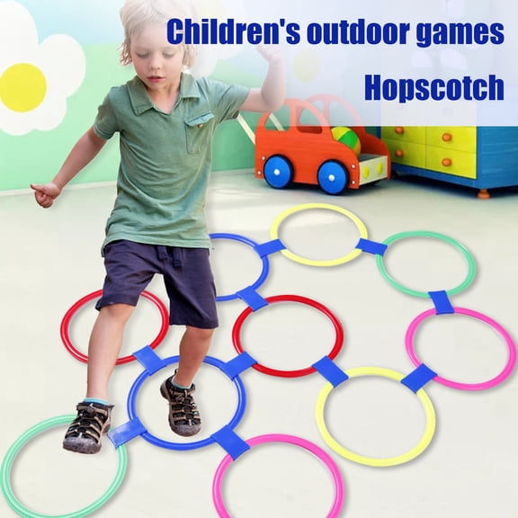 Outdoor Hopscotch Ring Game Set with 10 Rings and Connectors 15 Inch Diameter Circles for Physical Fitness Sensory Training and Yard Activity Fun