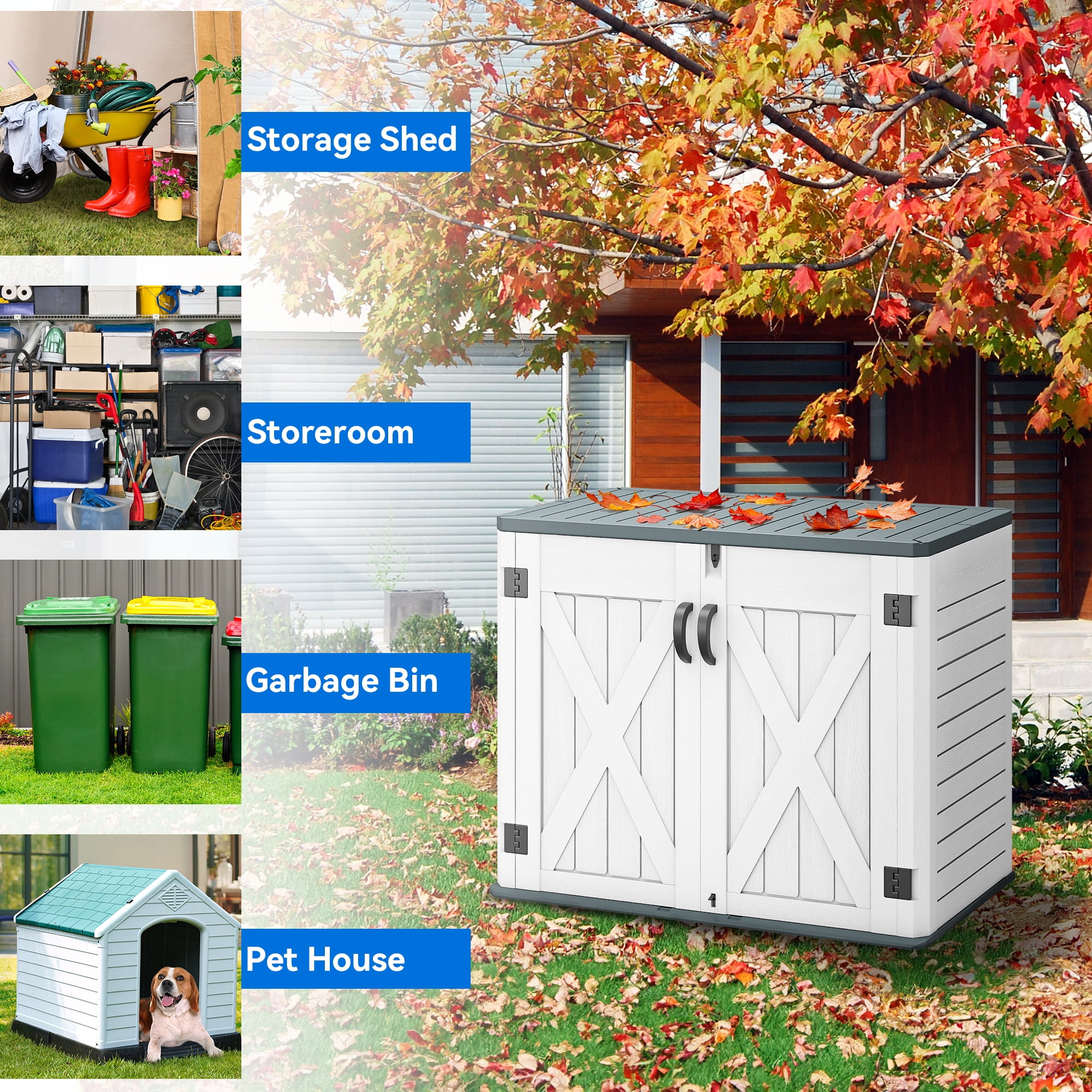 Outdoor Horizontal Storage Shed with X-Shaped Lockable Door, 35 Cu Ft Weather Resistant Resin Tool Shed
