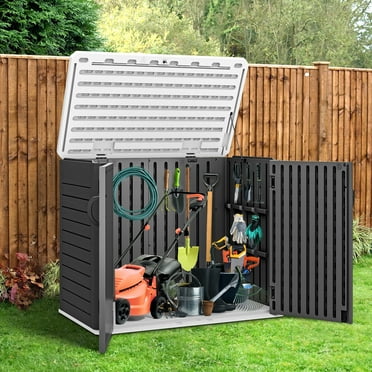 Outdoor Horizontal Storage Shed with X-Shaped Lockable Door, 35 Cu Ft Weather Resistant Resin Tool Shed