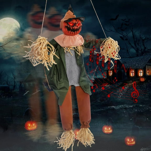 Scary Halloween Decorations - Outdoor Hanging Swinging Pumpkin with Sound & Slap Activated, Light Up Eyes Creepy Sound Expressions, Large Scary Decor Props for Indoor & Outdoor