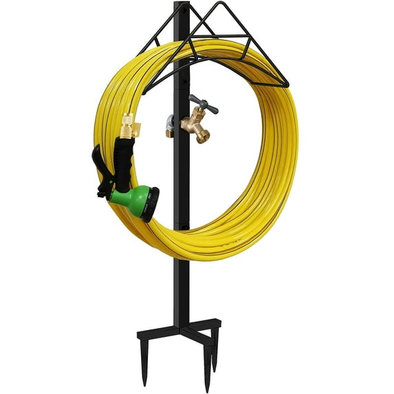Outdoor Hose Holder Stand with Brass Spigot Faucet - Freestanding Metal Water Pipe Extension Hanger Stake Heavy Duty Storage Organizer for Garden Lawn, Backyard