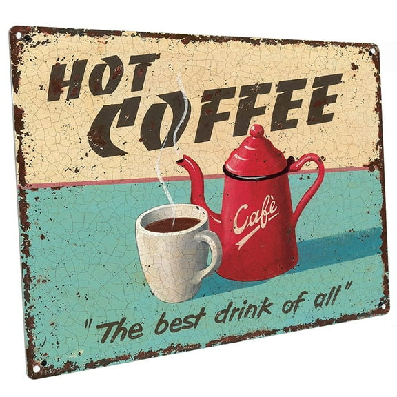 Outdoor Hot Coffee 9"x12" Metal Sign, Wall Decor for Kitchen and Dinning Room, Guaranteed Not to Fade for 4 Years