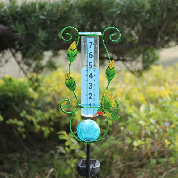 Outdoor Hummingbird & Leaf Solar Rain Gauge,Crackle Glass LED Ball, Metal Garden Stake for Patio, Lawn & Outdoor Decor