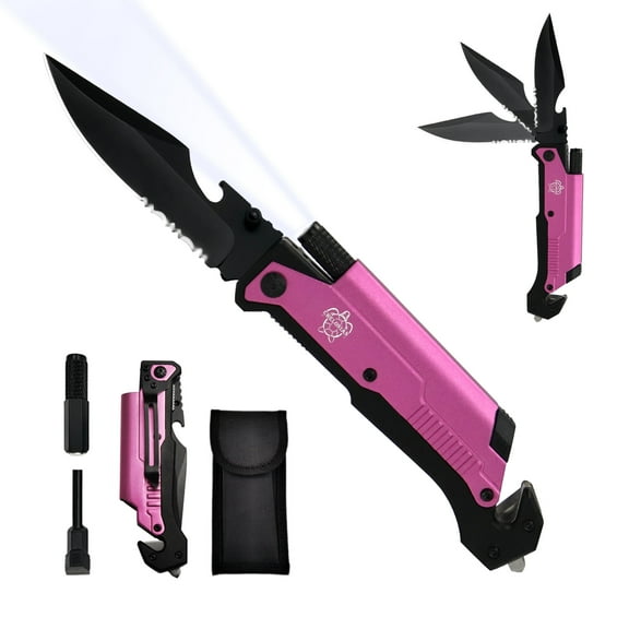Outdoor Hunting Camping Pocket Knife, 7 in 1 Multi-Function Folding Knives with Fire Starter Seatbelt Cutter Glass Breaker Bottle Opener Tactical Blade