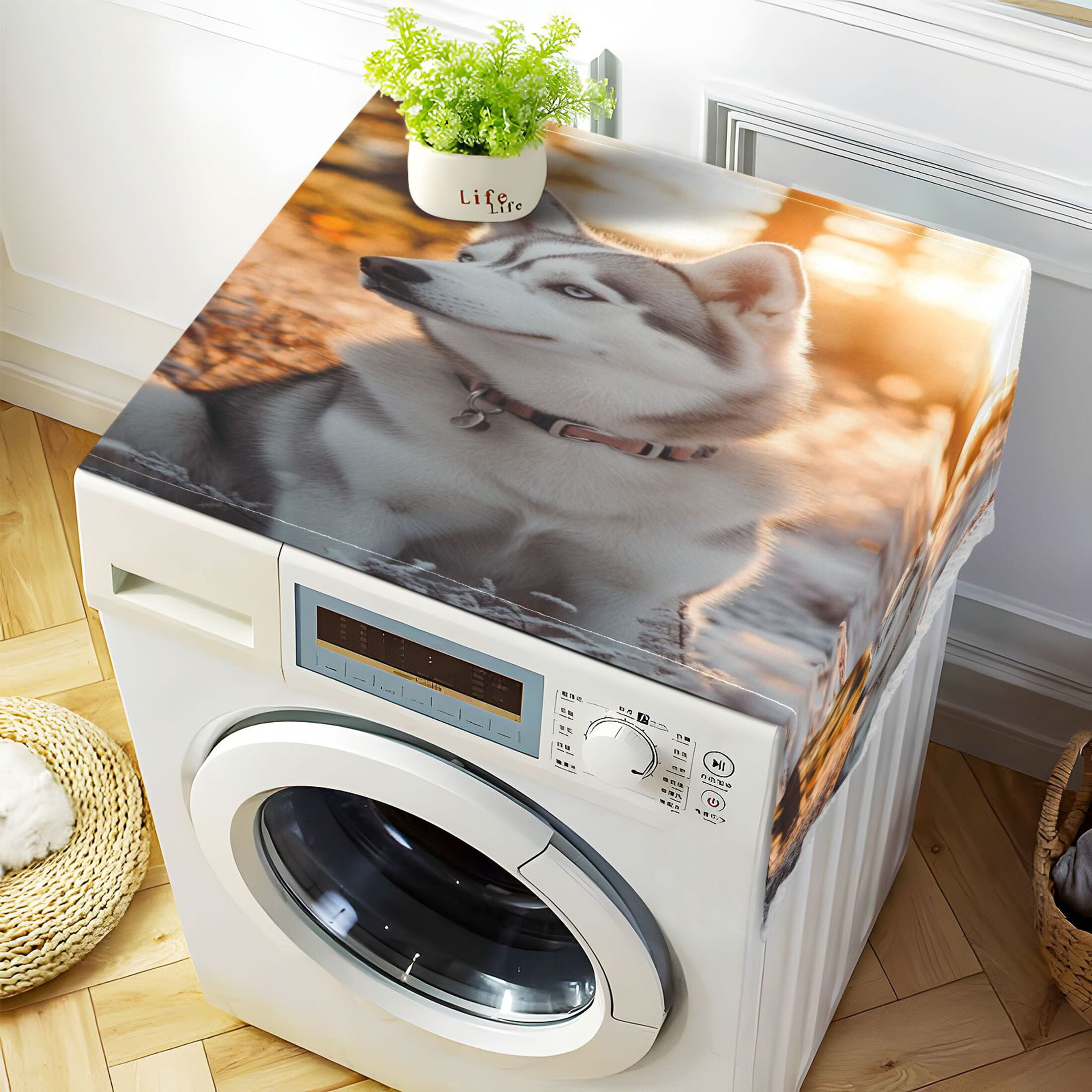 Outdoor Husky DogWasher and Dryer Covers Dust-Proof and Oil Resistant Fridge Cover with 4 Storage Pockets Washing Machine Top Cover for Laundry Kitchen Home 51.2 x 22 In