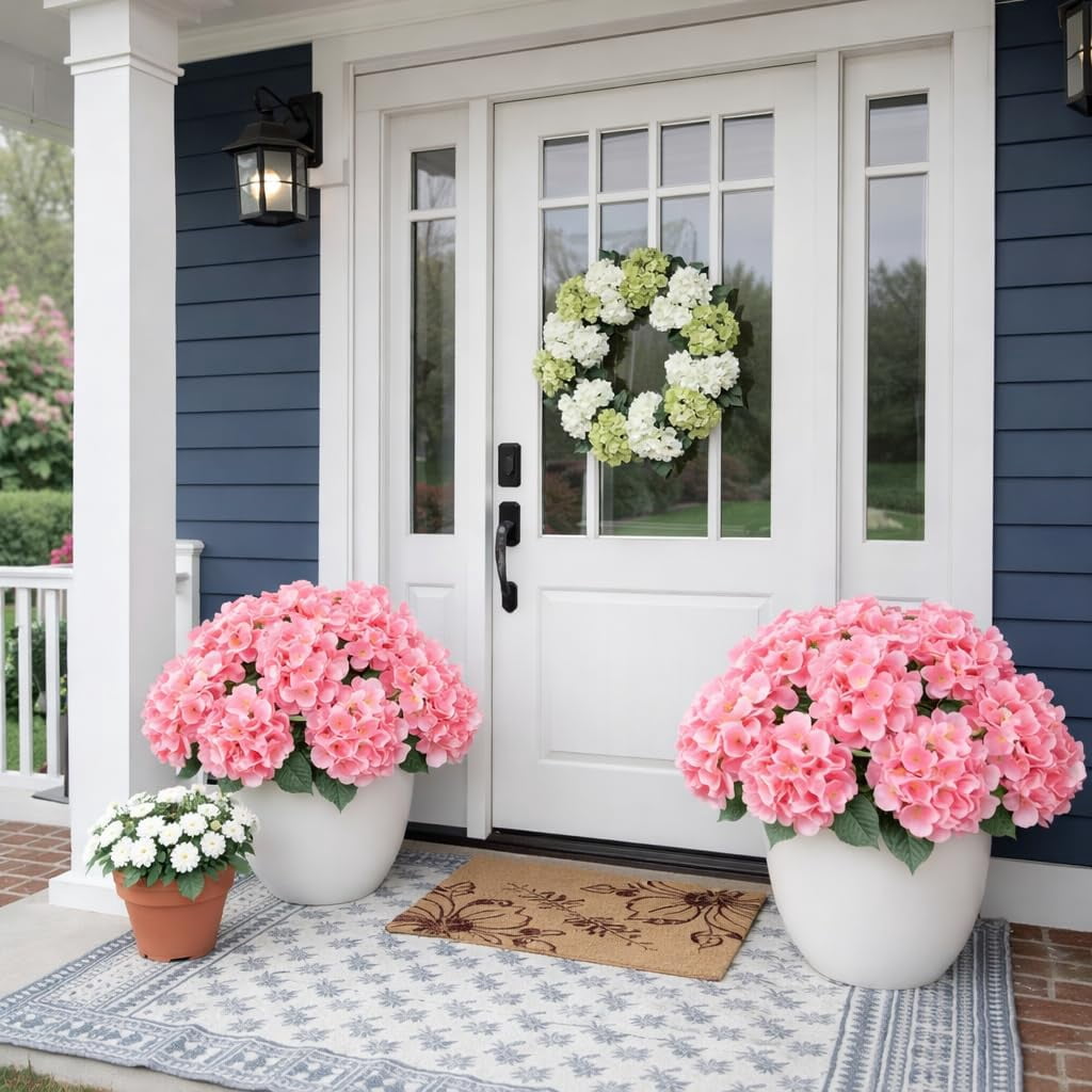 Outdoor Hydrangea Artificial Flowers, 17.7" 5 Heads UV-Resistant, Waterproof & Windproof Silk Faux Blooms for Porch, Garden & Wedding Decor