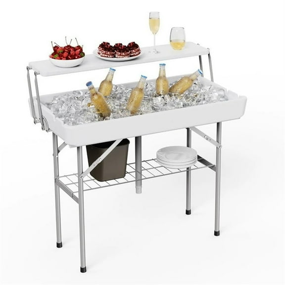 Outdoor Ice Cooler Folding Table with Drain, Ice Tables with Skirt and Extra Storage Shelf for Parties, Cooler Server for Camping, Picnic, Wedding, BBQ