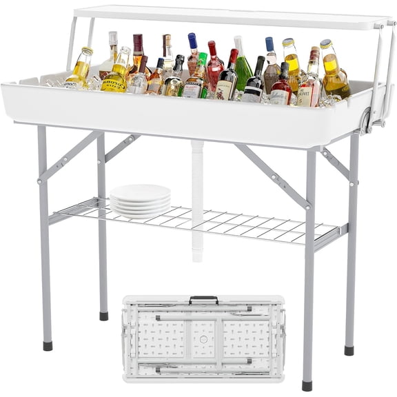 Outdoor Ice Cooler Folding Table with Extra Storage Shelf,Ice Tables for Parties with Drain,Cooler Server for Camping, Picnic, Wedding, BBQ (White)