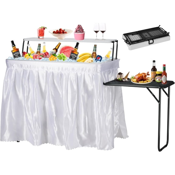 Outdoor Ice Cooler Table with Metal Side Desktop, Folding Ice Table with Mesh Desktop, Portable Bar Drink Cooler Desk with Skirt for Camping, Picnic, BBQ, Party (Black)