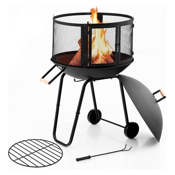 Outdoor Indoor, 28 Inch Wood Burning W/Wire Mesh Doors, Firepit Lid, Log Grate & Fire , 42.5 Height Rolling Portable Firepits for Outside Patio Deck