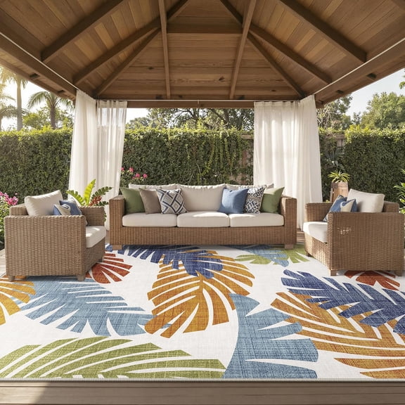 Outdoor & Indoor Area Rug 5'x8', Waterproof, Non-Shedding, Easy Cleaning, Leaf Mat for Patio, Living Room, Balcony, Dining Room, RV, Deck, Bedroom, Camping, Outside Carpet, Beige Grey