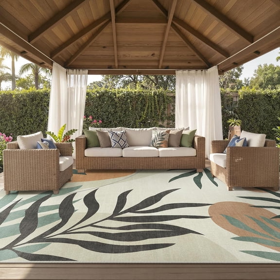 Outdoor & Indoor Area Rug 5'x8', Waterproof, Non-Shedding, Easy Cleaning, Leaf Mat for Patio, Living Room, Balcony, Dining Room, RV, Deck, Bedroom, Camping, Outside Carpet, Beige Grey