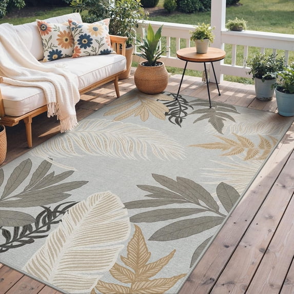 Outdoor & Indoor Area Rug 5'x8', Waterproof, Non-Shedding, Easy Cleaning, Leaf Mat for Patio, Living Room, Balcony, Dining Room, RV, Deck, Bedroom, Camping, Outside Carpet, Beige Grey