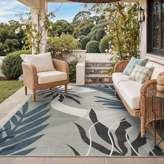 Outdoor & Indoor Area Rug 5'x8', Waterproof, Non-Shedding, Easy Cleaning, Leaf Mat for Patio, Living Room, Balcony, Dining Room, RV, Deck, Bedroom, Camping, Outside Carpet, Beige Grey