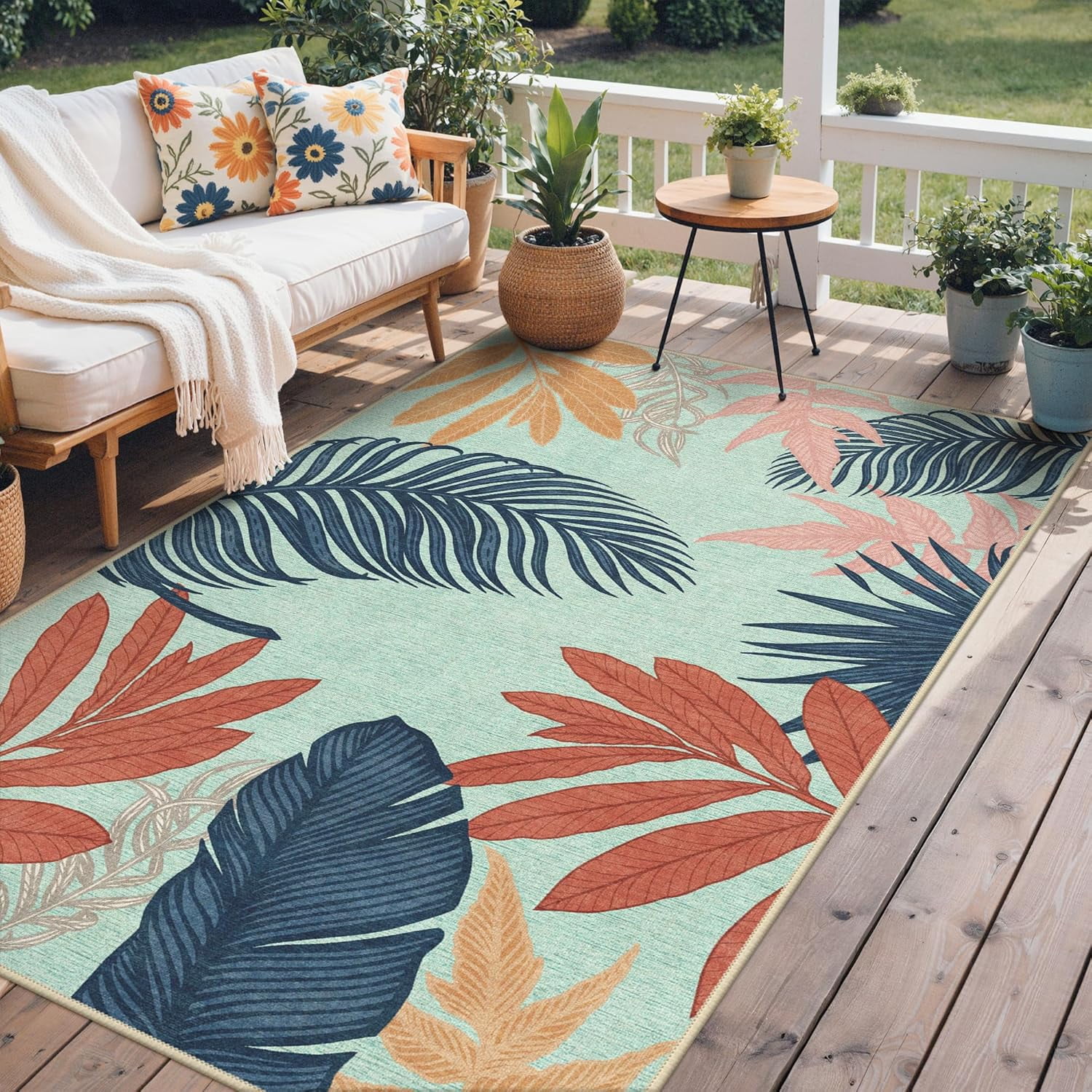 Outdoor & Indoor Area Rug 5'x8', Waterproof, Non-Shedding, Easy Cleaning, Leaf Mat for Patio, Living Room, Balcony, Dining Room, RV, Deck, Bedroom, Camping, Outside Carpet, Beige Grey