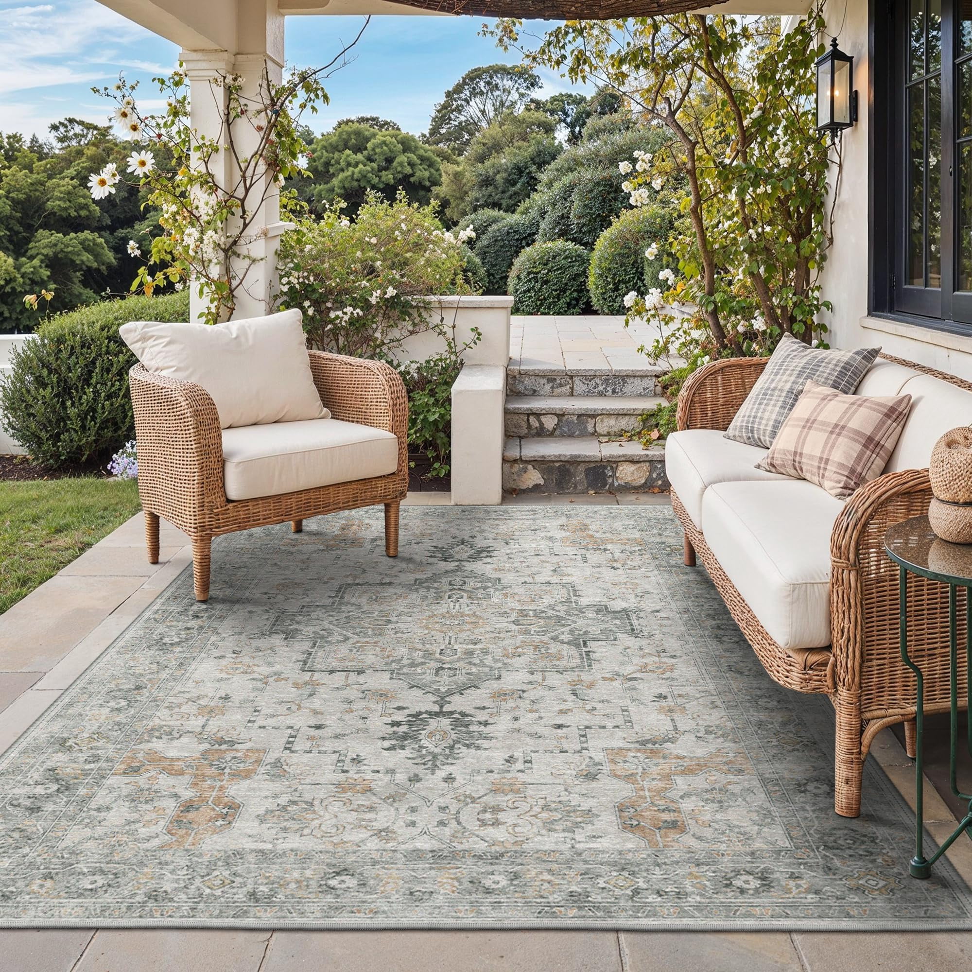 Outdoor & Indoor Area Rug 5'x8'  Waterproof Non-shedding Easy Cleaning Boho Mat For Patio Living Room Balcony Dining Rv Deck Bedroom Camping Outside Carpet Light Grey Brown