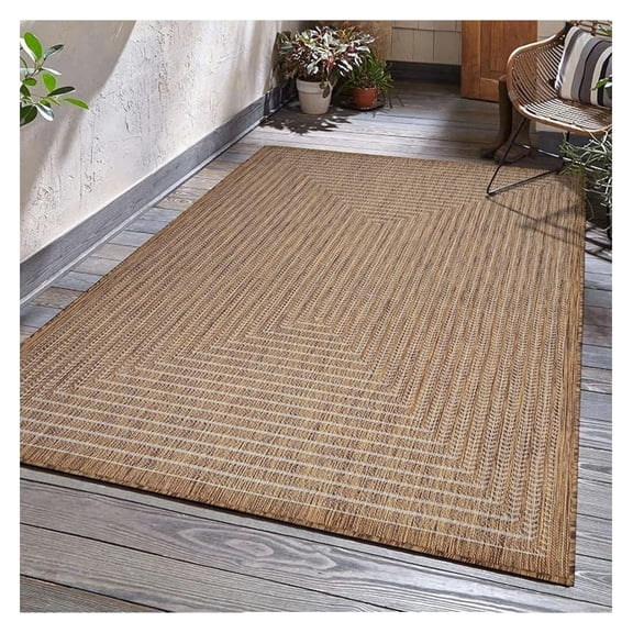 Outdoor Indoor Area Rug 5x7, Weather Resistant Patio Rug, Easy Clean Stain Resistant Floor Mat for Deck, Backyard, Dining Room - Contemporary Wooden Design