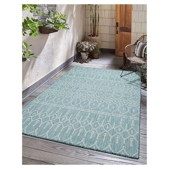 Outdoor Indoor Area Rug, Weather Resistant, Easy to Clean, Stain Resistant Floor Mat for Dining Room, Backyard, Deck, Patio (Aqua Weiss, 5' x 7')