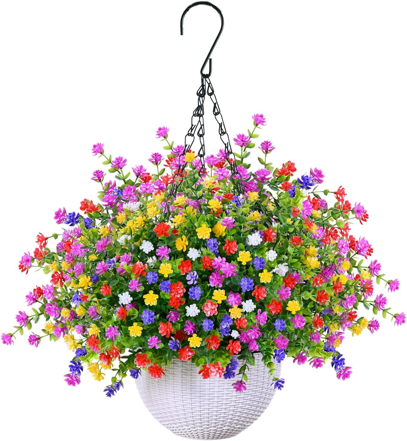 Outdoor Indoor Artificial Flowers Hanging in Baskets - Fake Daisy Eucalyptus Arrangement for Garden Yard Home Decor Hanging Planters for Plants Fake Plant in White Flowerpot