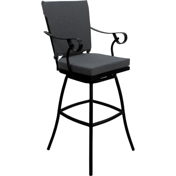 Outdoor/Indoor Metal Counter Stool 26" Seat -Jamey Arms- Charcoal Fabric - Black