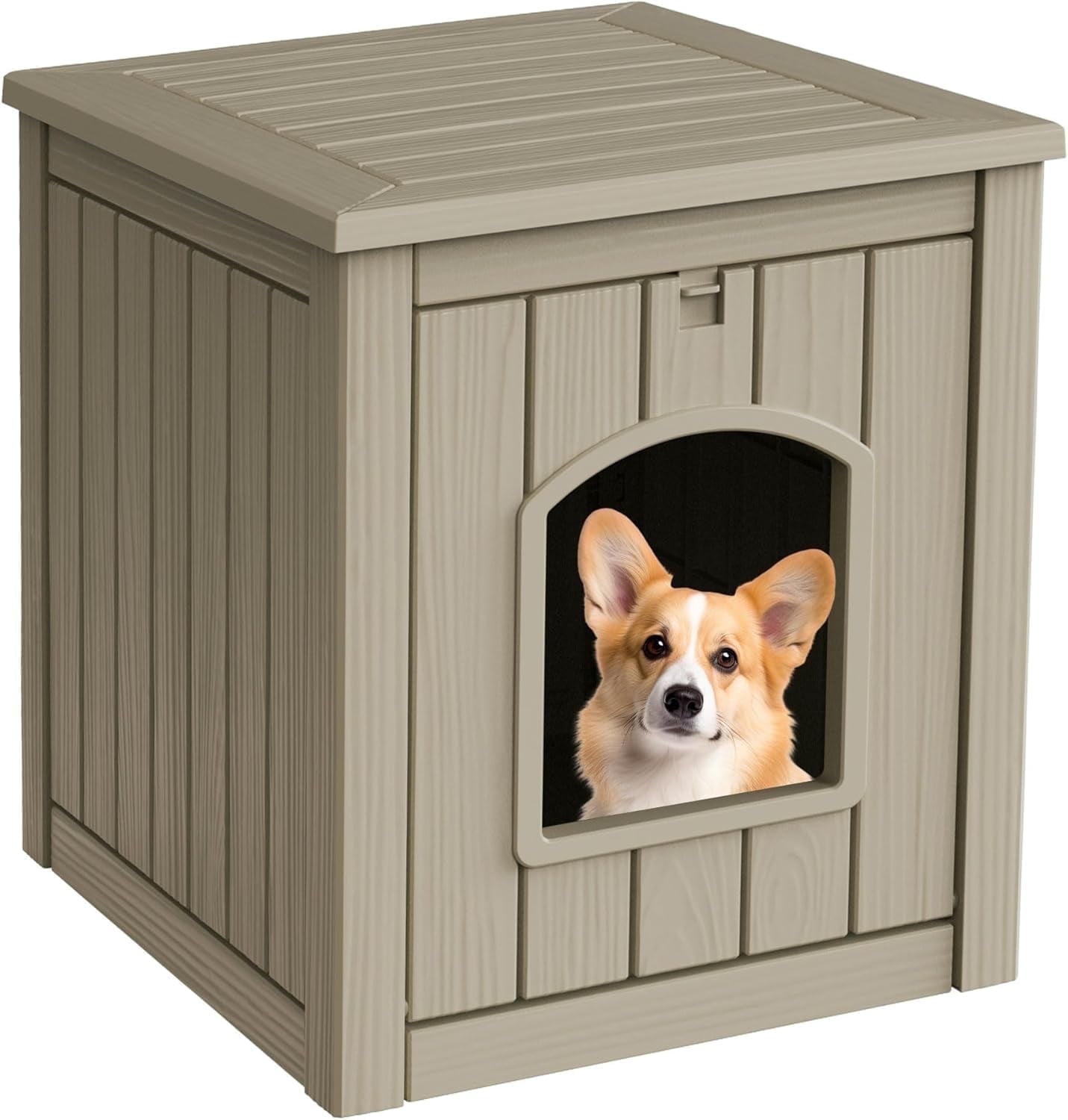 FICARTS Enclosed Resin Dog House - Ventilated, Waterproof Bottom, Multi - Functional for Small to Medium Dogs, Light Brown (Medium)