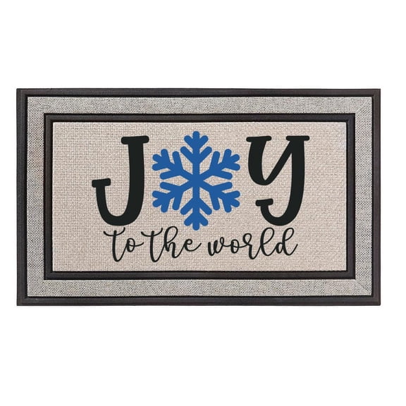 Outdoor Indoor Doormat 18" x 30" Gray/Beige/Black Rubber Backed Door Mat Fabric Mat Joy to The World Snowflake Winter Christmas