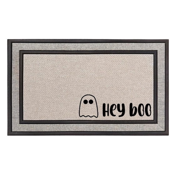 Outdoor Indoor Doormat 18" x 30" Gray/Beige/Black Rubber Backed Door Mat Ghost Hey Boo Corner Halloween