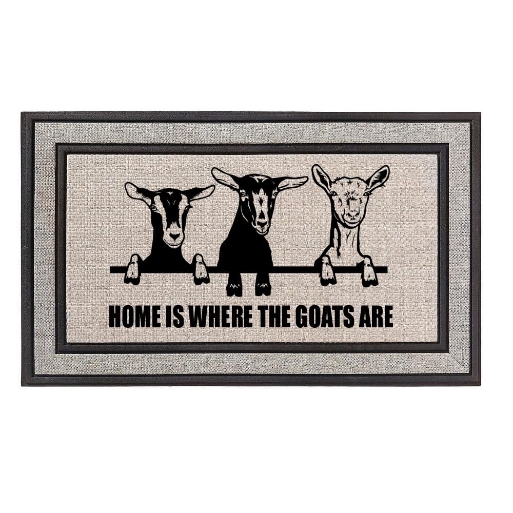 Outdoor Indoor Doormat 18" x 30" Gray/Beige/Black Rubber Backed Door Mat Home is Where The Goats are Funny Goat