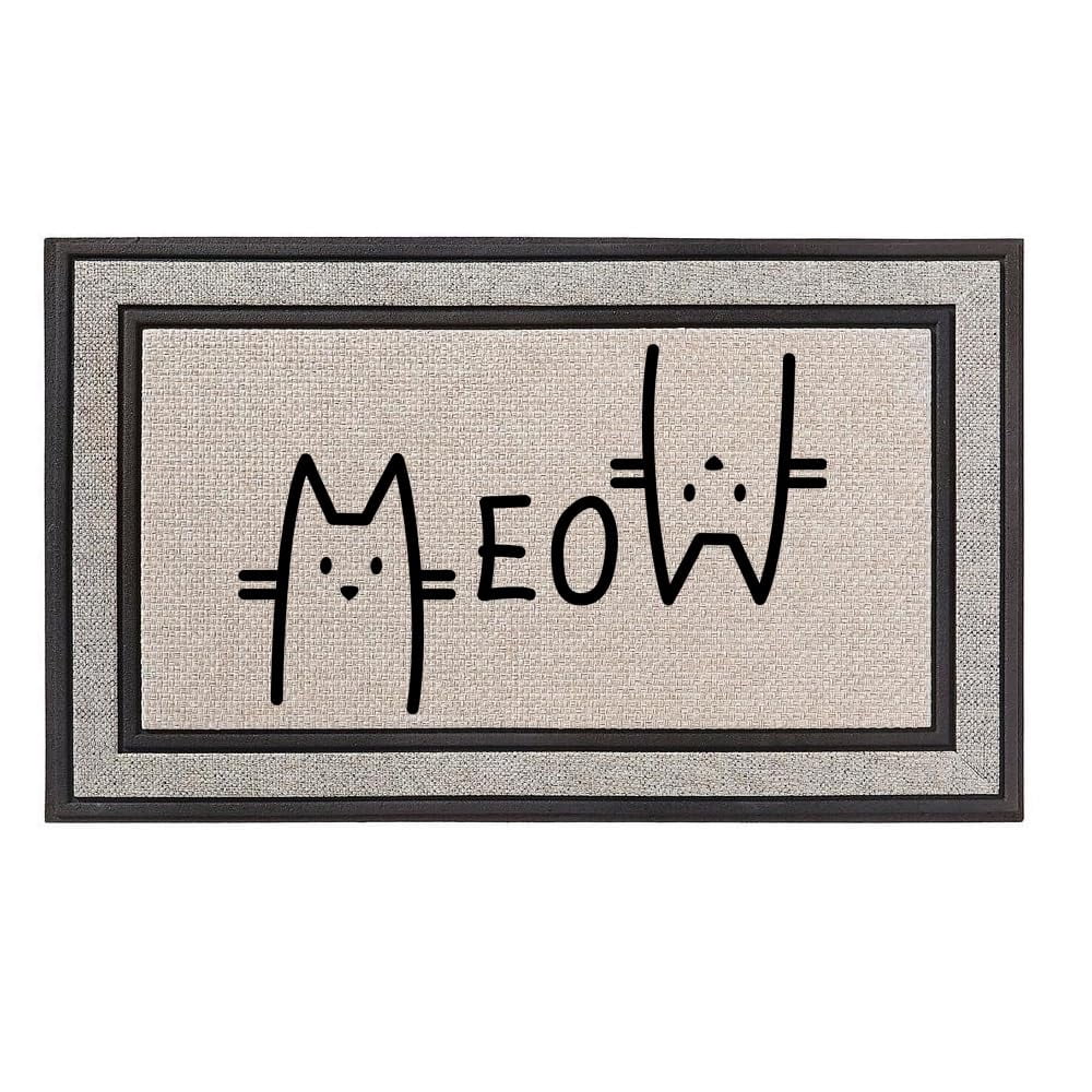 Outdoor Indoor Doormat 18" x 30" Gray/Beige/Black Rubber Backed Door Mat Meow Cat Funny
