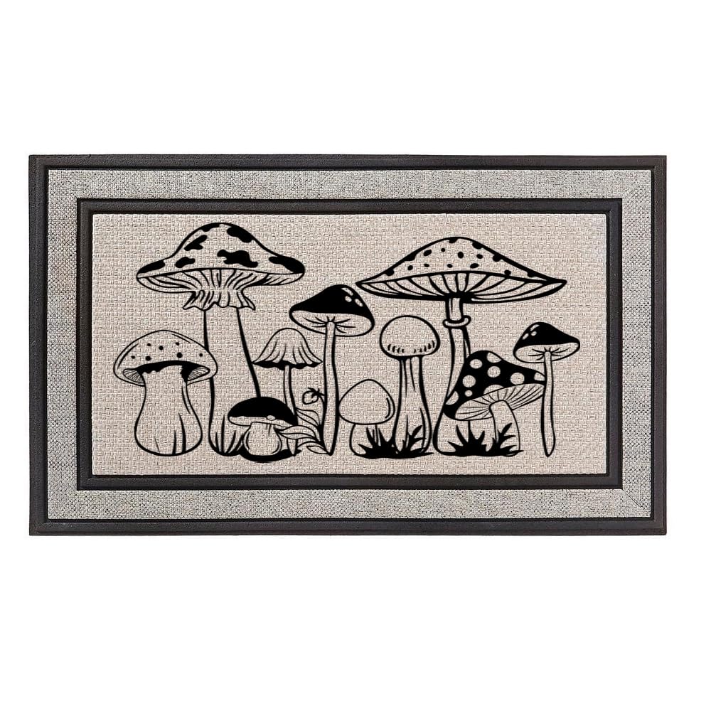 Outdoor Indoor Doormat 18" x 30" Gray/Beige/Black Rubber Backed Door Mat Mushrooms