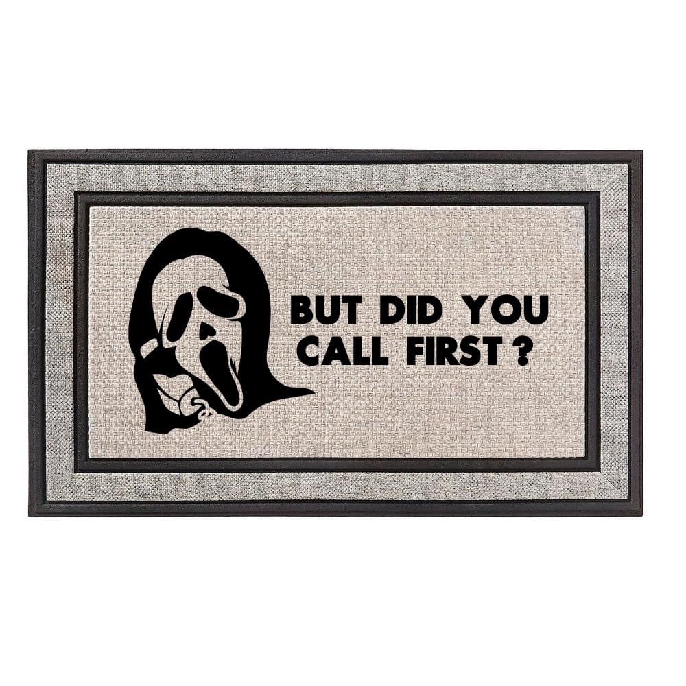 Outdoor Indoor Doormat 18" x 30" Gray/Beige/Black Rubber Backed Door Mat Scary Ghost But Did You Call First Funny Horror Halloween