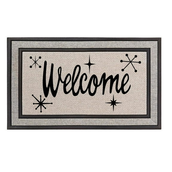 Outdoor Indoor Doormat 18" x 30" Gray/Beige/Black Rubber Backed Door Mat Welcome Starbust Mid Century Modern Art Deco Retro