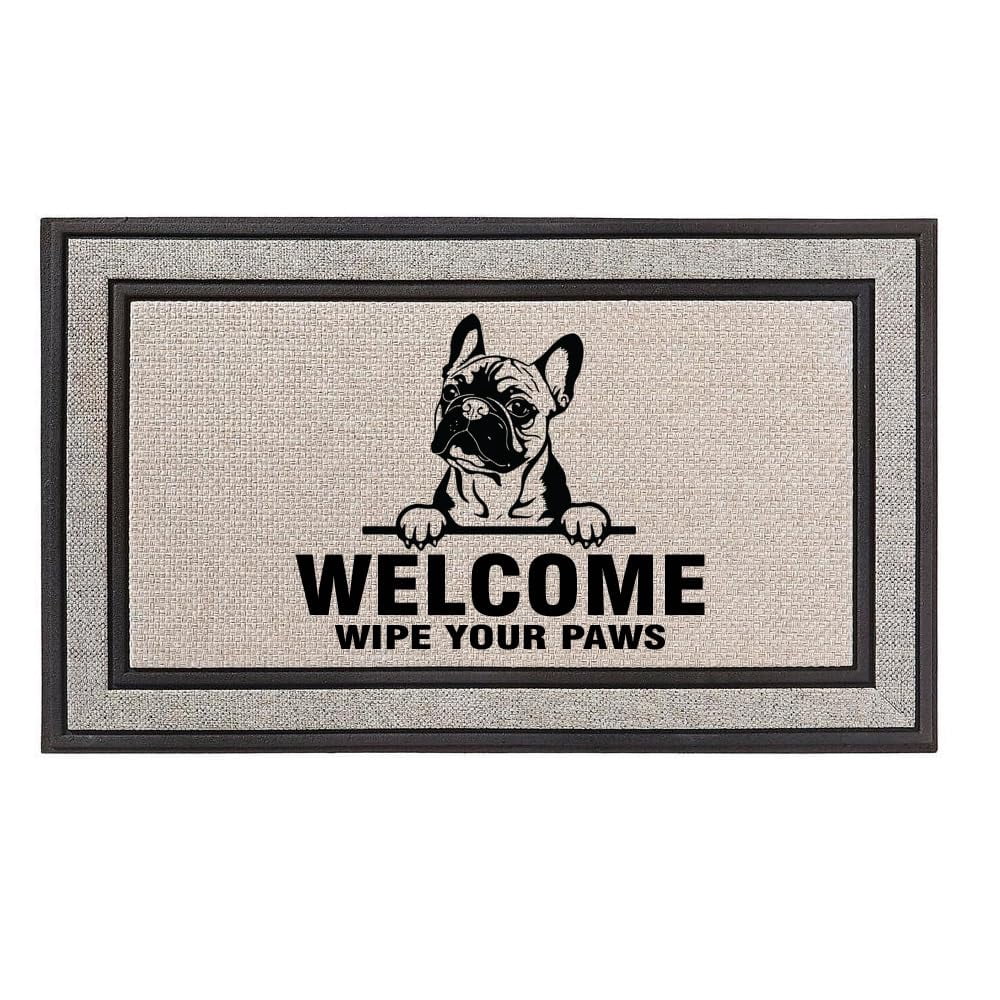 Outdoor Indoor Doormat 18" x 30" Gray/Beige/Black Rubber Backed Door Mat Welcome Wipe Your Paws French Bulldog Frenchie