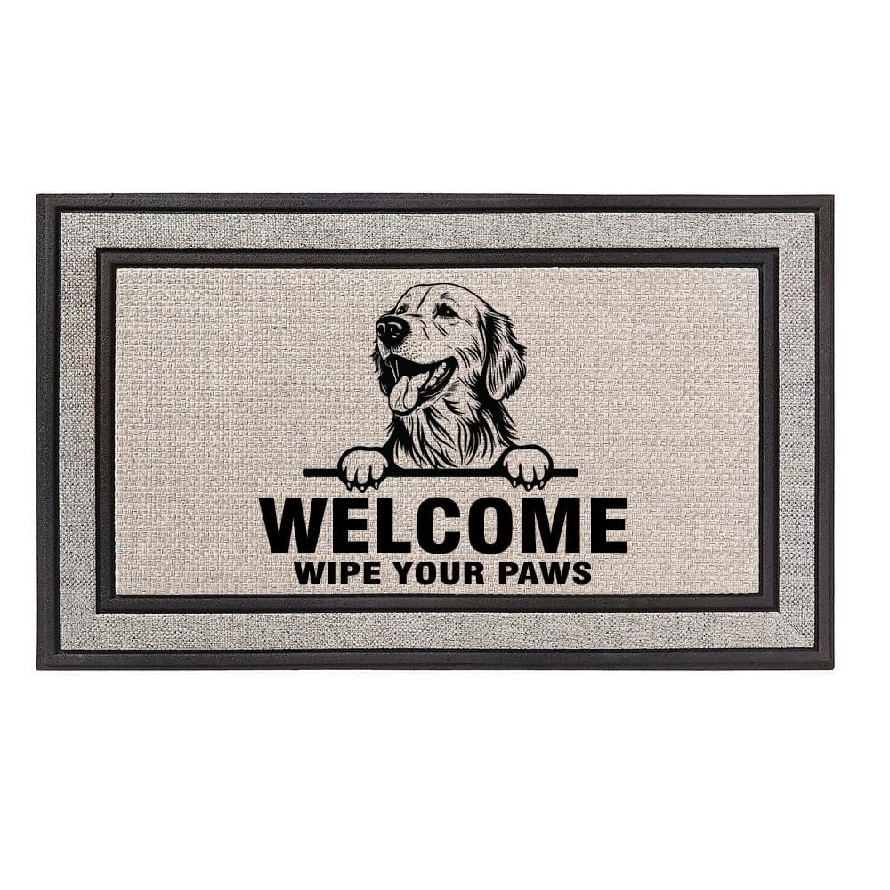Outdoor Indoor Doormat 18" x 30" Gray/Beige/Black Rubber Backed Door Mat Welcome Wipe Your Paws Golden Retiever