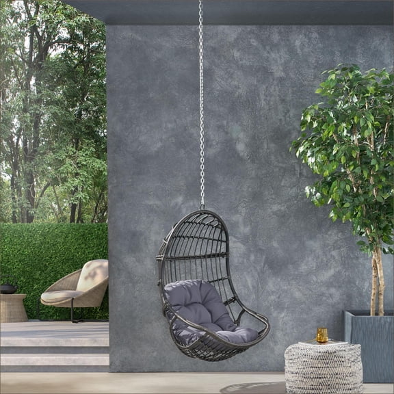 Outdoor Indoor Faux Rattan Hanging Basket Swing Chair | 300 lbs Capacity | 8ft Chain | Fabric | Gray