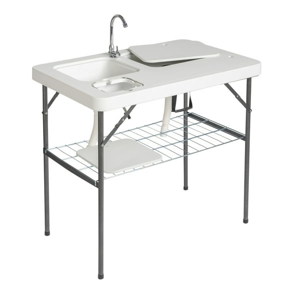 Outdoor Indoor Folding Cleaning Table, Rectangular Fish Killing Table with Sink and Rack, Portable Folding Gardening Table with Barbed Wire for Dock Patio Picnic, White