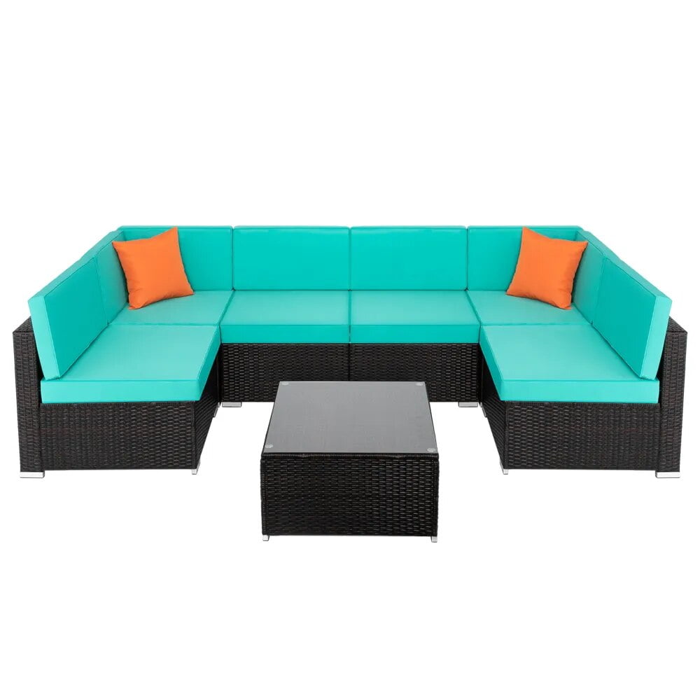 Outdoor Indoor Furniture 7Piece Set 6 Modular Sofa 1 Coffee Table PE