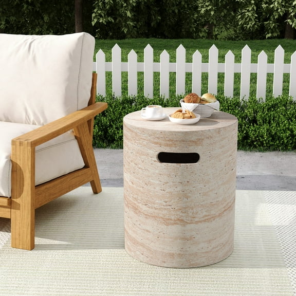 Outdoor Indoor Lightweight Concrete Side Table With Side Handles Travertine Finish Modern Cylinder Accent Table For Patio Living Room Garden