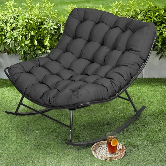 Outdoor/Indoor Patio Rocking Chair, Egg-shaped Outdoor Lounge Chair, Indoor Papasan Chair with Cushion and Metal frame for Living Room, Porch, Garden, Grey