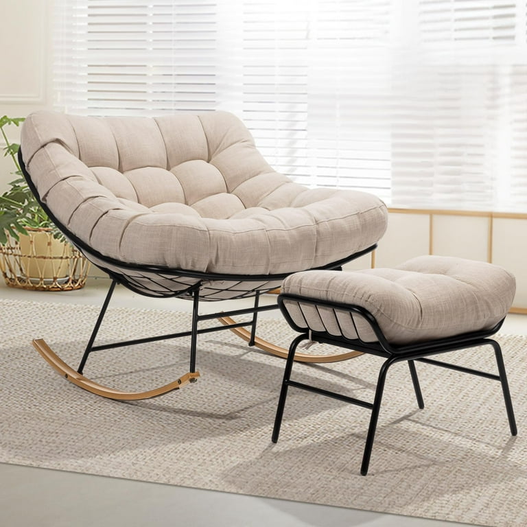 Outdoor and Indoor Patio Rocking Chair with Ottoman, Wood Texture