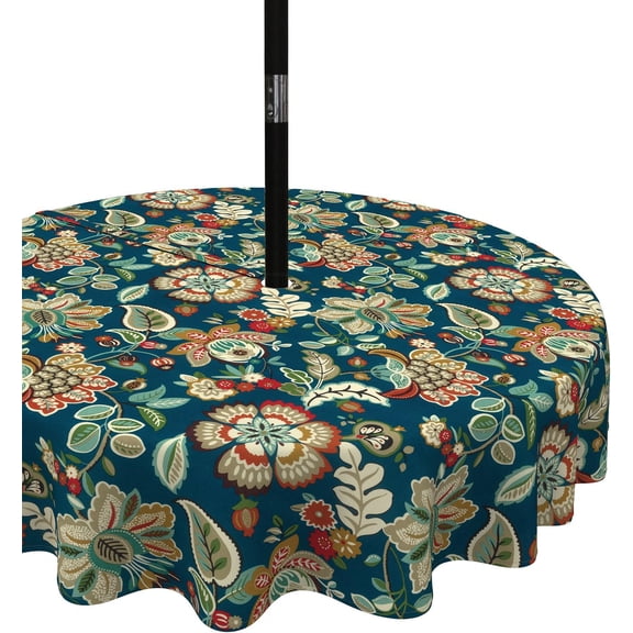 Outdoor/Indoor Round Tablecloth, Patio Stain Resistant Table Covers with Umbrella Hole Picnic Table Cloth with Zipper for Patio Garden Buffet Table Decoration, 60", Peacock Blue