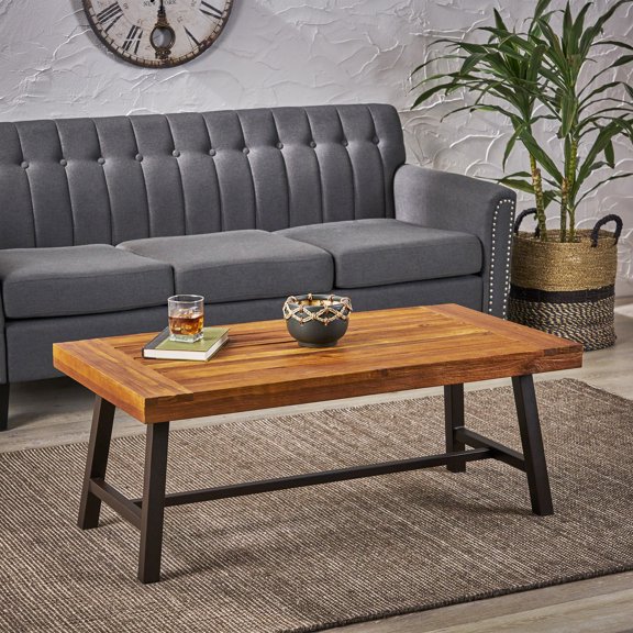 Outdoor/Indoor Rustic Acacia Wood Coffee Table, Sandblast Finish