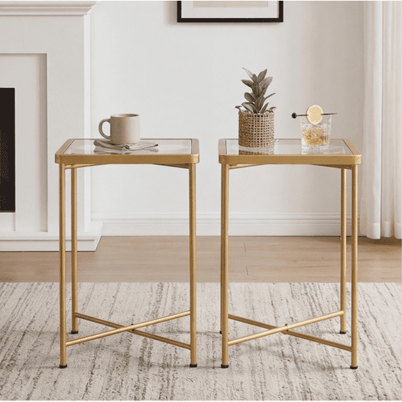 Set of 2 Indoor & Outdoor Glass Top End Table, Compact Metal Frame Accent Side Nightstand for Living Room, Bedroom & Patio