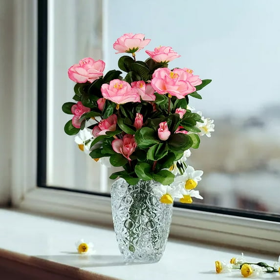 Outdoor Indoor Silk Flower Artificial Red Azalea Bush, Realistic Faux Floral Arrangement for Home Garden Patio Decoration, Durable Long-Lasting Artificial Azalea Accent