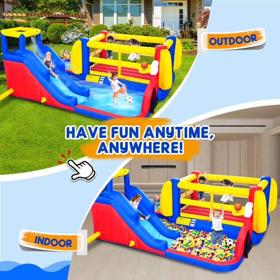 Outdoor Indoor Water Park, 7 in1 Inflatable Slide Water Park with Deep Water Pool Basketball Hoop Football Gate Water Cannon Climb Wall Bounce House