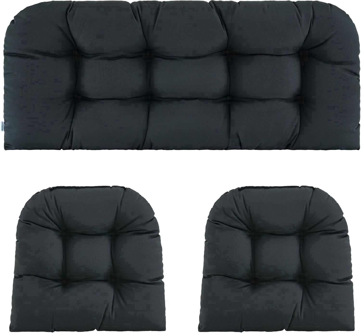 Outdoor/Indoor All Weather Tufted Wicker Chair Cushions of 3 Pieces（2-19*19*4in+1-44*19*4in）, 1 Loveseat and 2 U-Shape Waterproof Cushions for Patio Furniture,Wicker Loveseat,Bench-Black